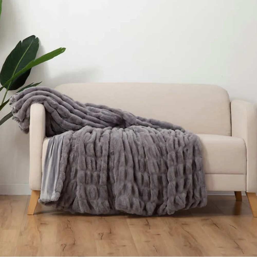 Berkshire Collection Faux Fur Throw Blanket 60x70 Gray Channeled Ruched
